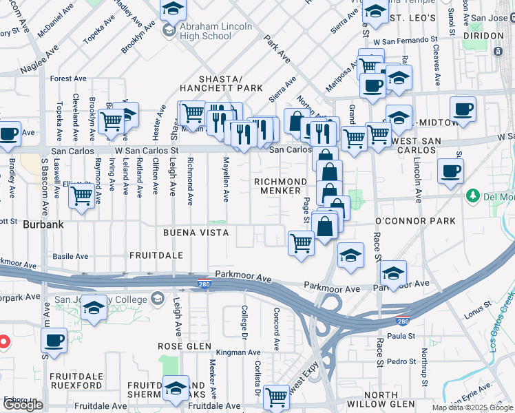 map of restaurants, bars, coffee shops, grocery stores, and more near 450 South Buena Vista Avenue in San Jose