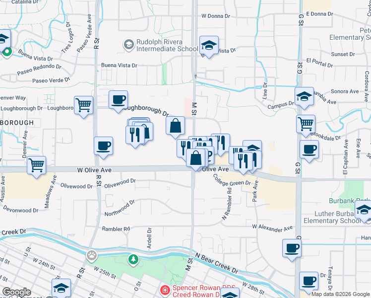 map of restaurants, bars, coffee shops, grocery stores, and more near 3101-3149 M Street in Merced