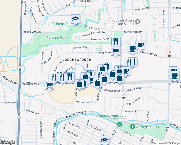 map of restaurants, bars, coffee shops, grocery stores, and more near 1310 Frankfort Court in Merced