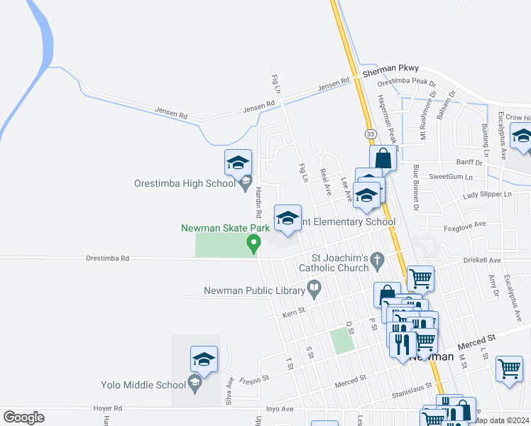 map of restaurants, bars, coffee shops, grocery stores, and more near 744 Hardin Road in Newman