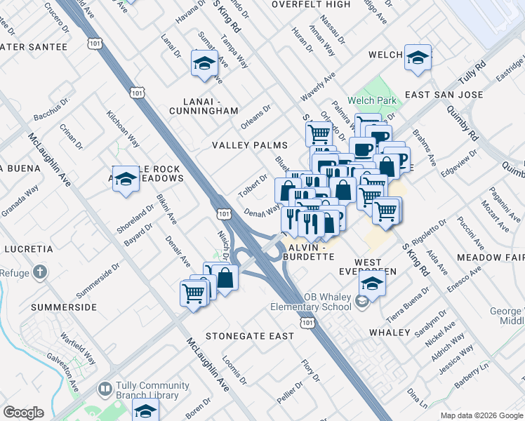 map of restaurants, bars, coffee shops, grocery stores, and more near 1550 Denali Way in San Jose