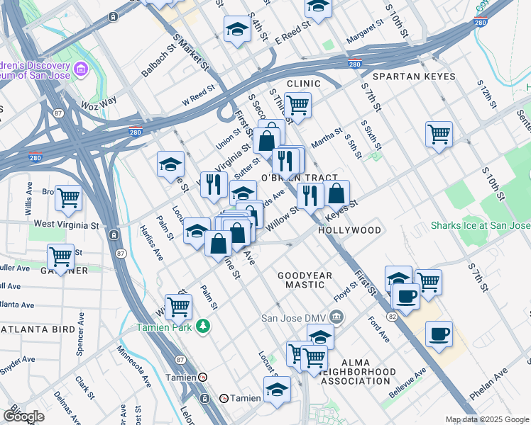 map of restaurants, bars, coffee shops, grocery stores, and more near 97 Willow Street in San Jose
