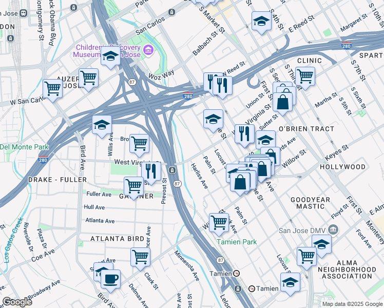 map of restaurants, bars, coffee shops, grocery stores, and more near 802 Harliss Avenue in San Jose