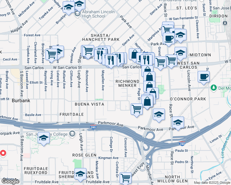 map of restaurants, bars, coffee shops, grocery stores, and more near 1545 Scott Street in San Jose