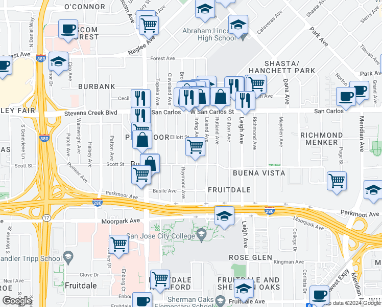 map of restaurants, bars, coffee shops, grocery stores, and more near 498 Irving Avenue in San Jose