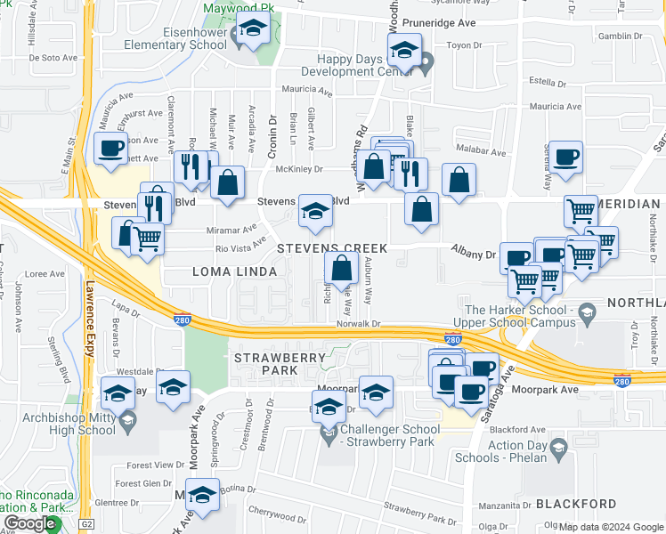 map of restaurants, bars, coffee shops, grocery stores, and more near 357 Richfield Drive in San Jose