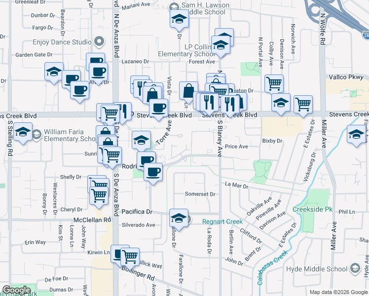map of restaurants, bars, coffee shops, grocery stores, and more near 10212 Danube Drive in Cupertino