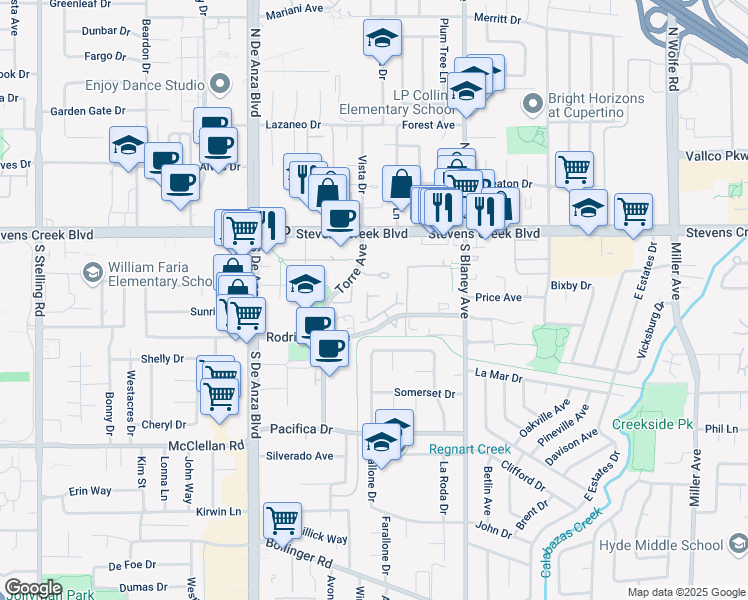 map of restaurants, bars, coffee shops, grocery stores, and more near 10212 Danube Drive in Cupertino