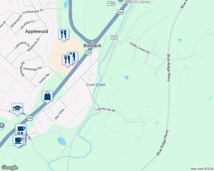 map of restaurants, bars, coffee shops, grocery stores, and more near 4728 April Lane in Roanoke