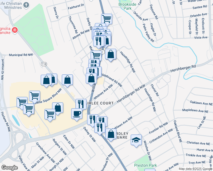 map of restaurants, bars, coffee shops, grocery stores, and more near 822 Whitney Avenue Northwest in Roanoke