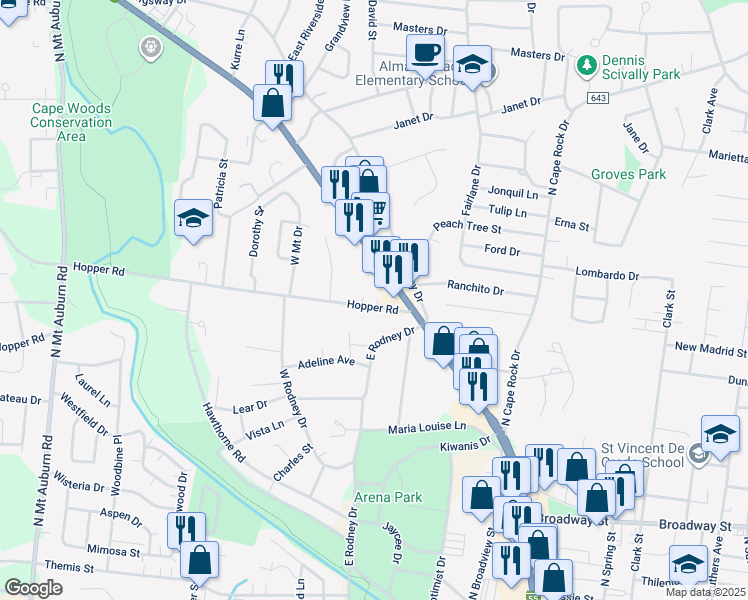 map of restaurants, bars, coffee shops, grocery stores, and more near 2641 Hopper Road in Cape Girardeau