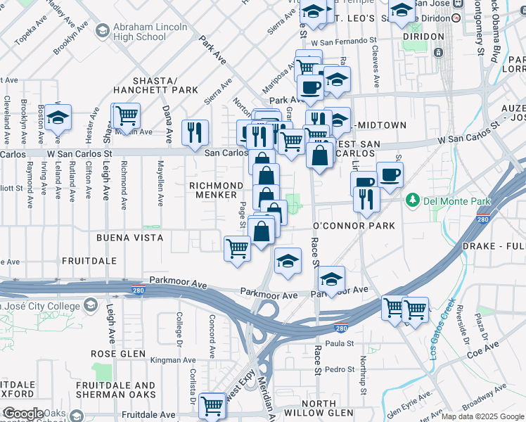 map of restaurants, bars, coffee shops, grocery stores, and more near 415 Meridian Avenue in San Jose