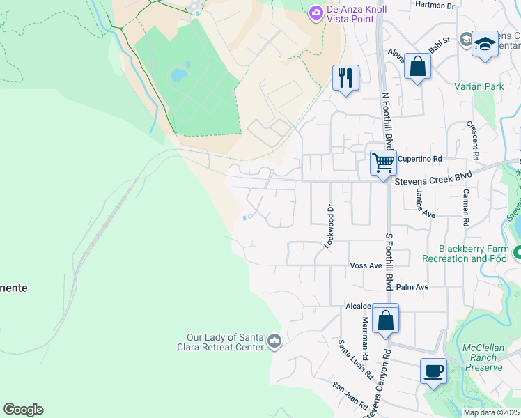map of restaurants, bars, coffee shops, grocery stores, and more near 10178 Ridgeway Drive in Cupertino