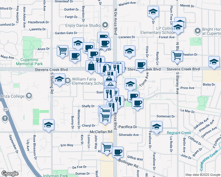 map of restaurants, bars, coffee shops, grocery stores, and more near 10211 South De Anza Boulevard in Cupertino