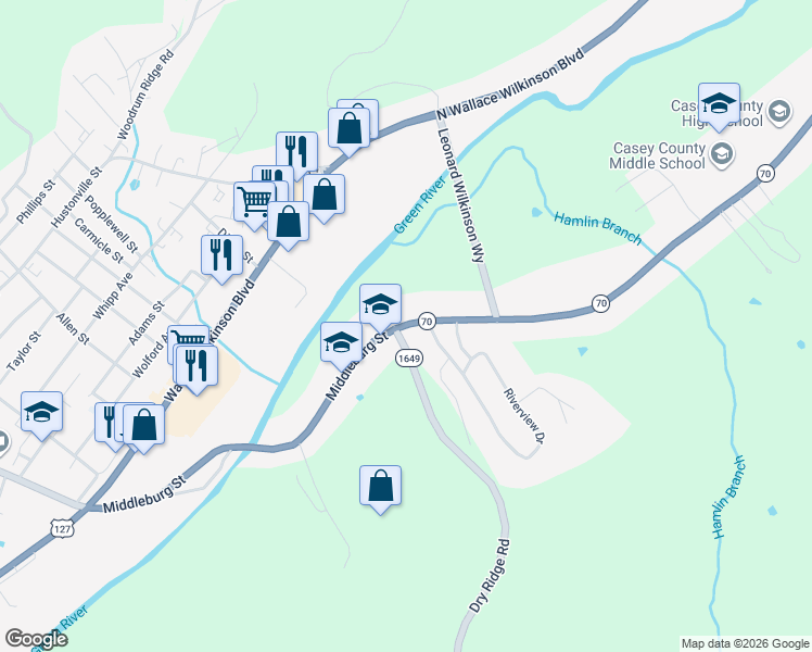 map of restaurants, bars, coffee shops, grocery stores, and more near Middleburg Road in Liberty