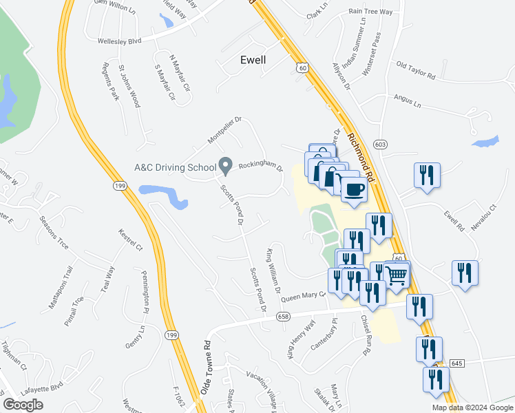 map of restaurants, bars, coffee shops, grocery stores, and more near 5512 Staunton Court in Williamsburg