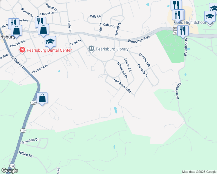 map of restaurants, bars, coffee shops, grocery stores, and more near 510 Country Club Drive in Pearisburg