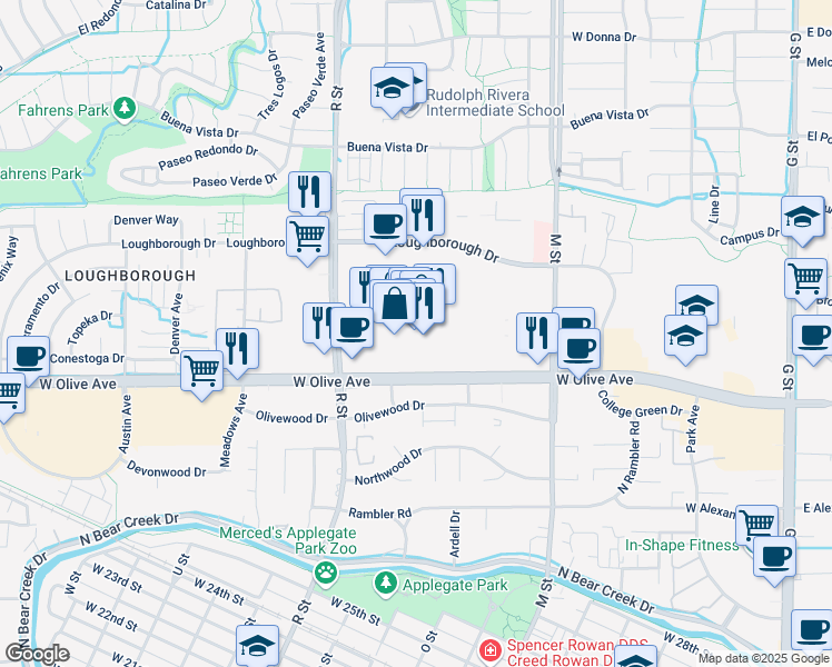 map of restaurants, bars, coffee shops, grocery stores, and more near 713 Merced Mall in Merced