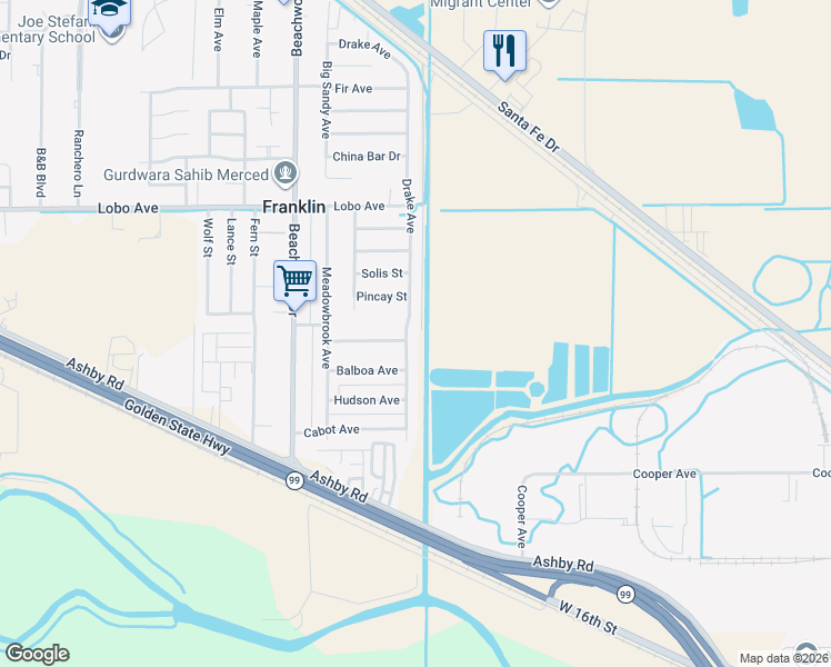 map of restaurants, bars, coffee shops, grocery stores, and more near 2238 Drake Avenue in Merced