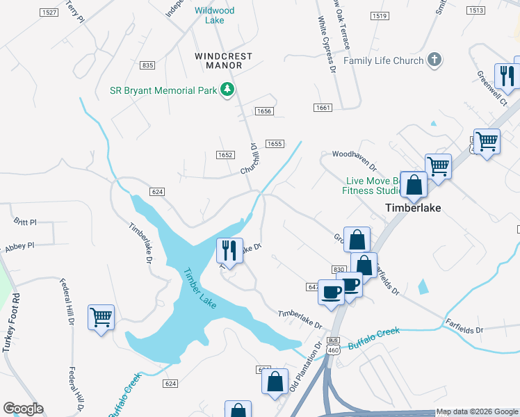 map of restaurants, bars, coffee shops, grocery stores, and more near 712 Timberlake Drive in Lynchburg