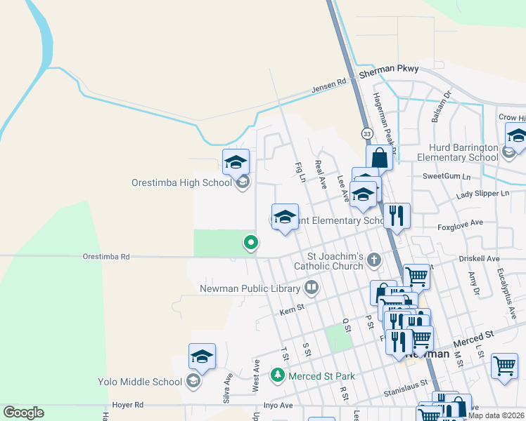 map of restaurants, bars, coffee shops, grocery stores, and more near 734 Hardin Road in Newman