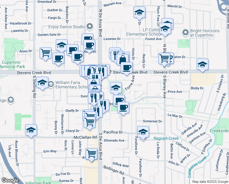 map of restaurants, bars, coffee shops, grocery stores, and more near 20380 Stevens Creek Boulevard in Cupertino