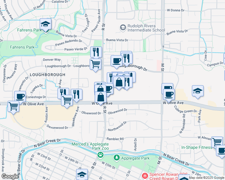 map of restaurants, bars, coffee shops, grocery stores, and more near 1011 West Olive Avenue in Merced