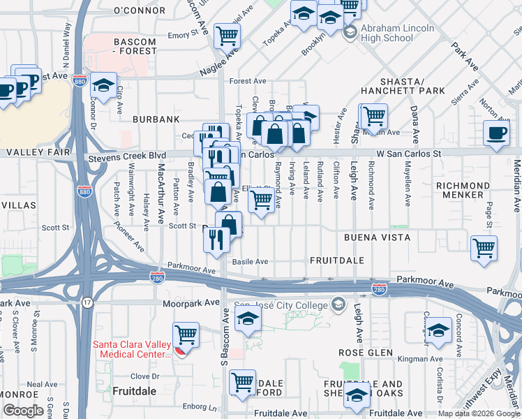 map of restaurants, bars, coffee shops, grocery stores, and more near 453 Arleta Avenue in San Jose