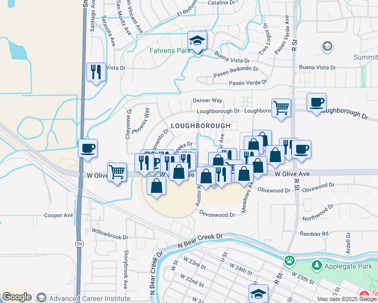 map of restaurants, bars, coffee shops, grocery stores, and more near 3172 Baton Rouge Court in Merced