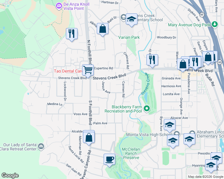 map of restaurants, bars, coffee shops, grocery stores, and more near 10198 Cass Place in Cupertino
