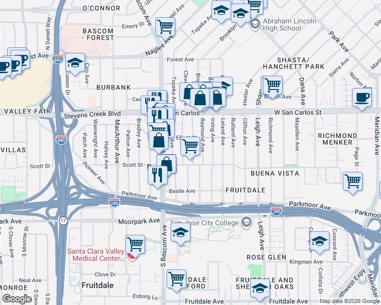 map of restaurants, bars, coffee shops, grocery stores, and more near 453 Arleta Avenue in San Jose