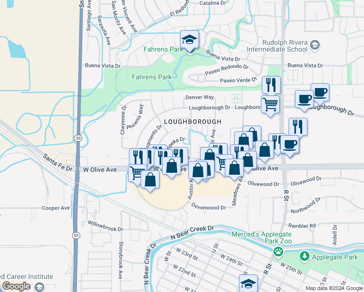 map of restaurants, bars, coffee shops, grocery stores, and more near 3172 Baton Rouge Court in Merced