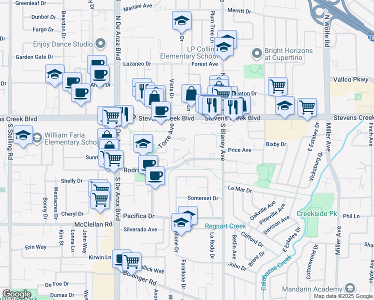 map of restaurants, bars, coffee shops, grocery stores, and more near 10165 Danube Drive in Cupertino