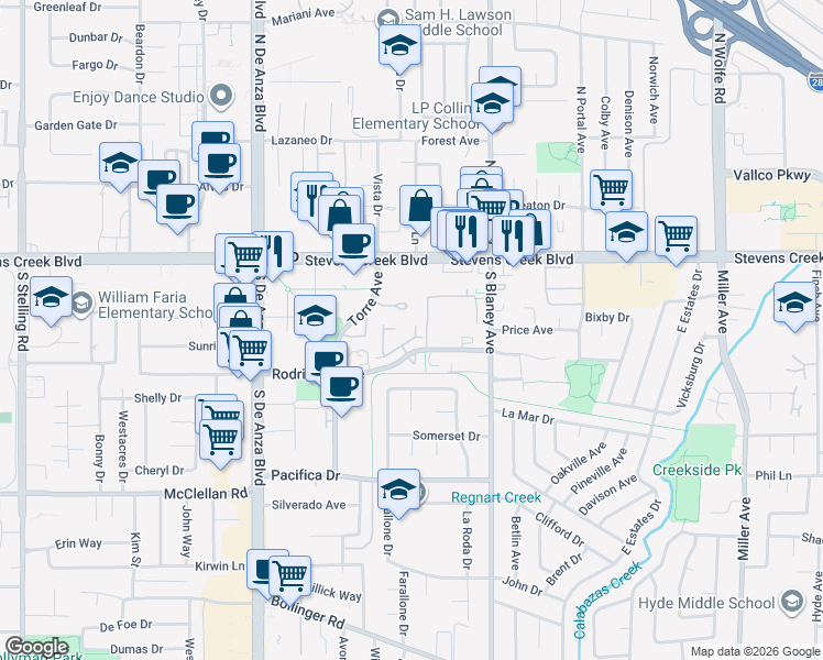 map of restaurants, bars, coffee shops, grocery stores, and more near 10165 Danube Drive in Cupertino