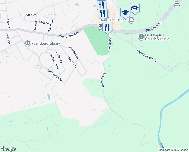map of restaurants, bars, coffee shops, grocery stores, and more near 302 Woodland Drive in Pearisburg