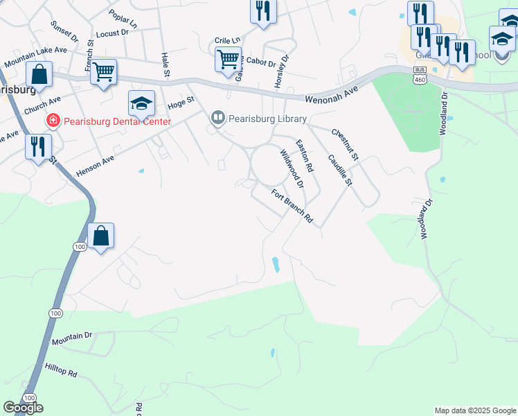 map of restaurants, bars, coffee shops, grocery stores, and more near 510 Country Club Drive in Pearisburg