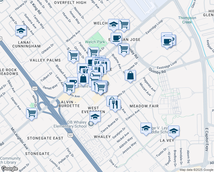 map of restaurants, bars, coffee shops, grocery stores, and more near 2550 South King Road in San Jose