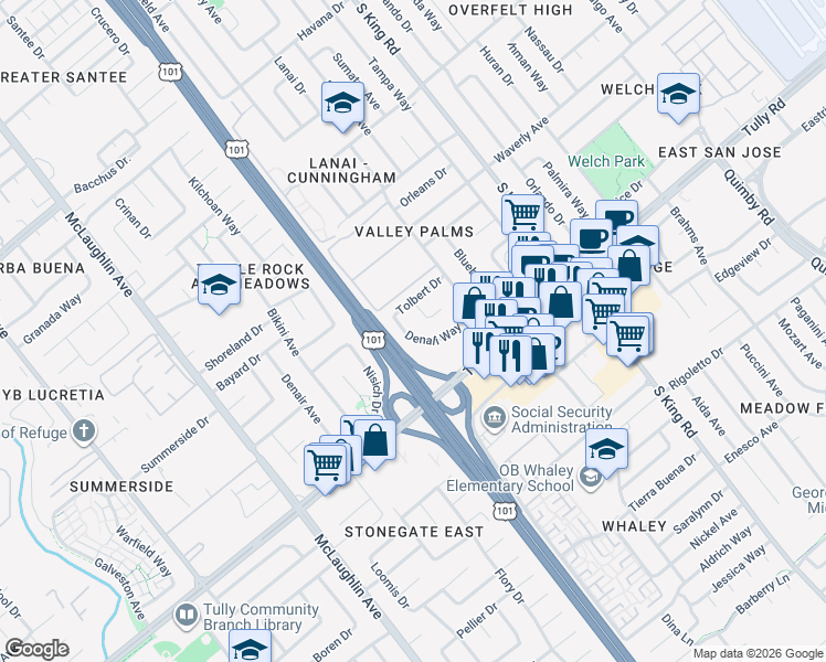 map of restaurants, bars, coffee shops, grocery stores, and more near 1550 Denali Way in San Jose