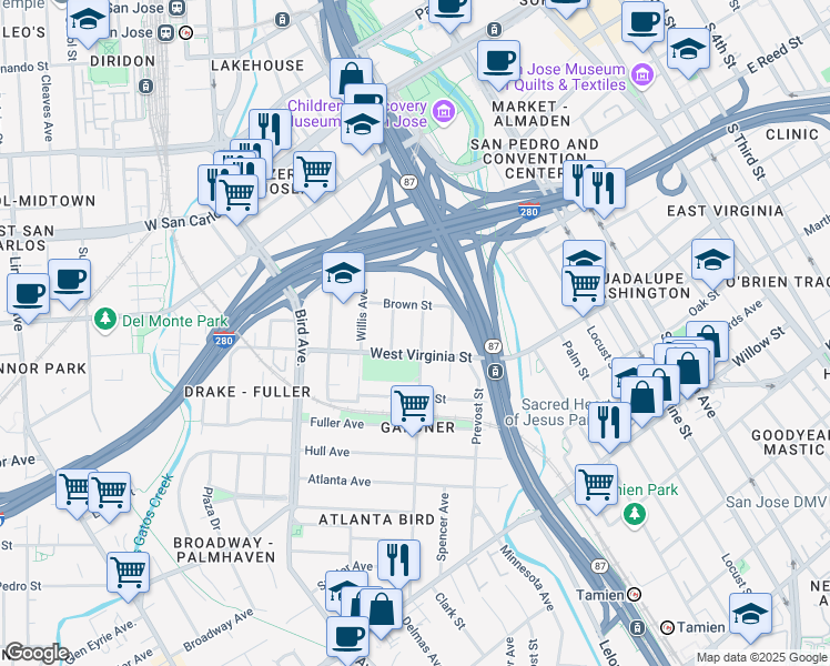 map of restaurants, bars, coffee shops, grocery stores, and more near in San Jose