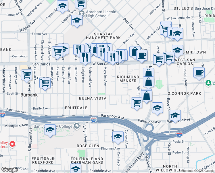 map of restaurants, bars, coffee shops, grocery stores, and more near 492 Mayellen Avenue in San Jose