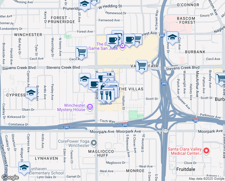 map of restaurants, bars, coffee shops, grocery stores, and more near 377 Santana Row in San Jose