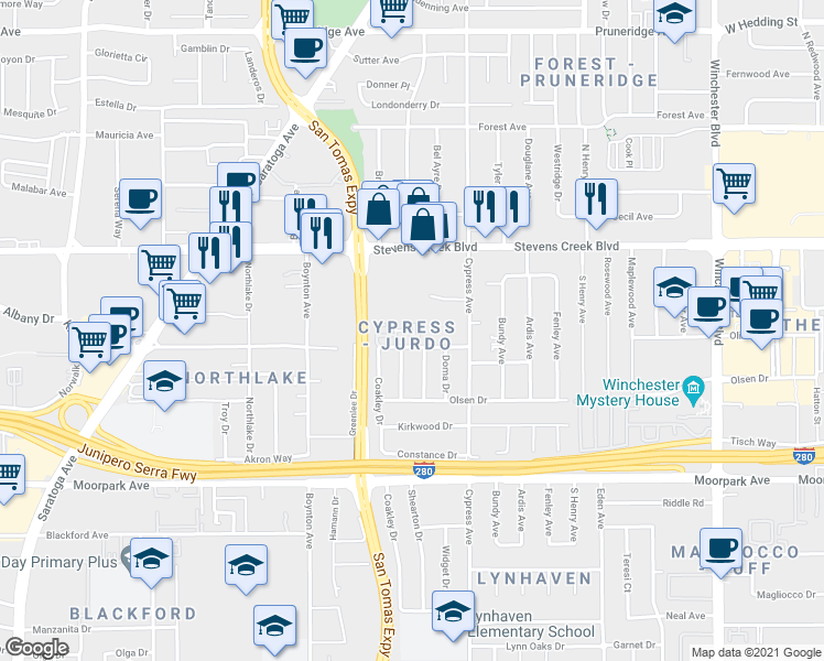 map of restaurants, bars, coffee shops, grocery stores, and more near 3568 Judro Way in San Jose