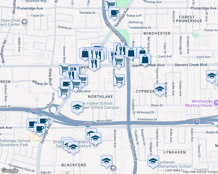 map of restaurants, bars, coffee shops, grocery stores, and more near 421 Boynton Avenue in San Jose