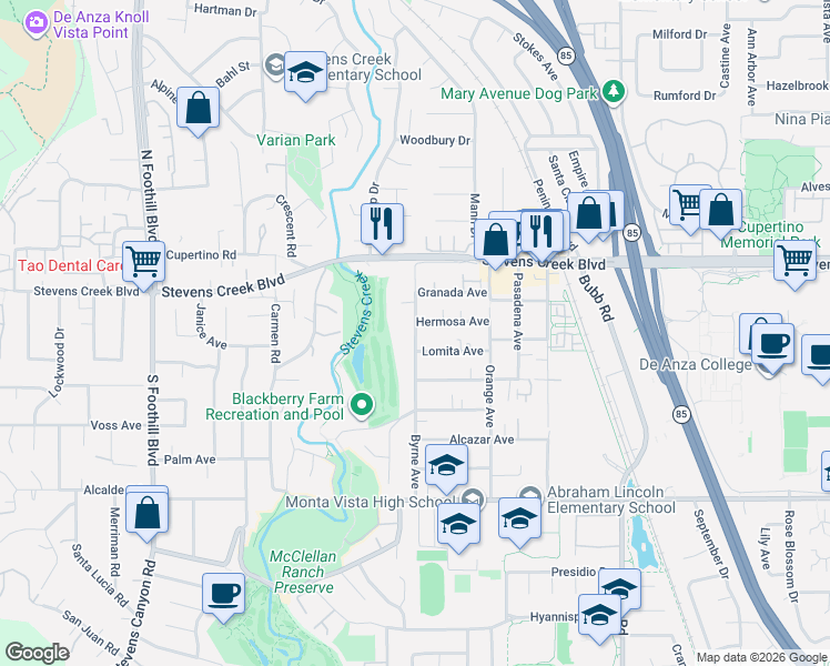 map of restaurants, bars, coffee shops, grocery stores, and more near 21918 Lomita Avenue in Cupertino