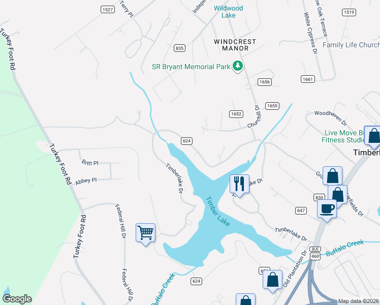 map of restaurants, bars, coffee shops, grocery stores, and more near 1680 Timberlake Drive in Lynchburg