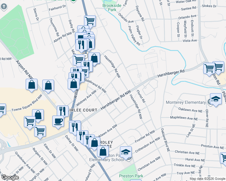 map of restaurants, bars, coffee shops, grocery stores, and more near 4919 Hildebrand Road Northwest in Roanoke