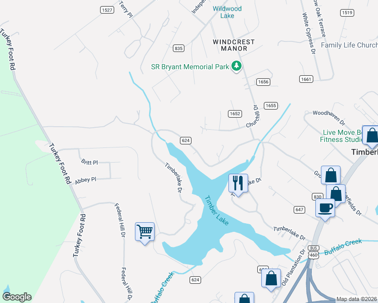 map of restaurants, bars, coffee shops, grocery stores, and more near 1680 Timberlake Drive in Lynchburg