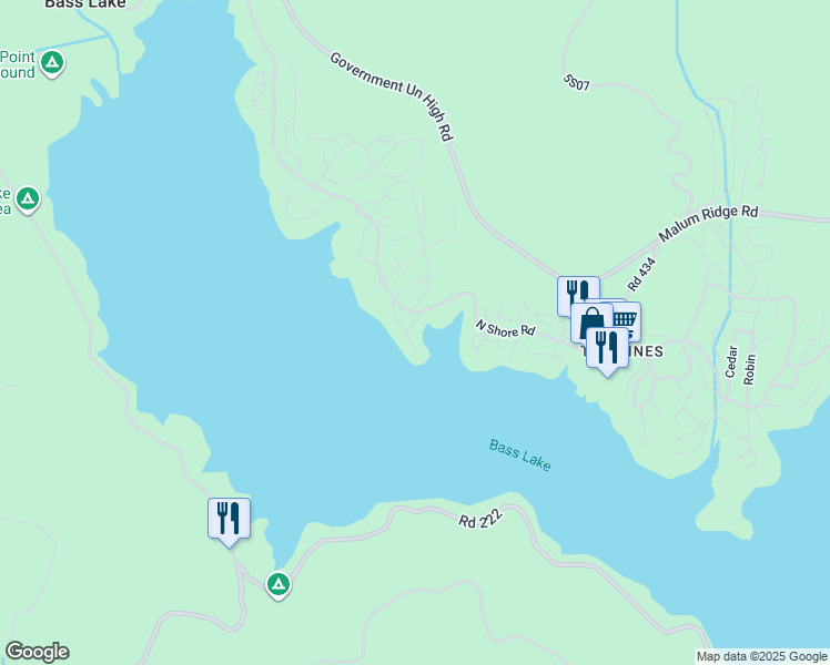 map of restaurants, bars, coffee shops, grocery stores, and more near 39317 Point in Bass Lake