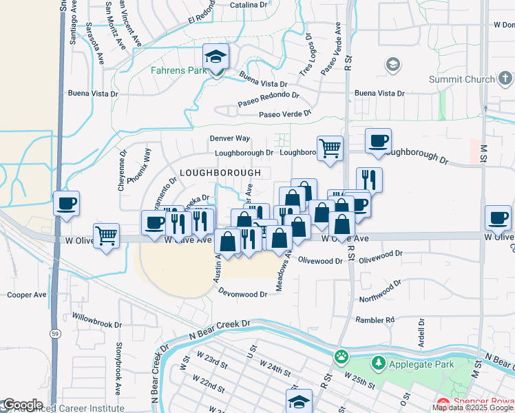 map of restaurants, bars, coffee shops, grocery stores, and more near 1333 Frankfort Court in Merced