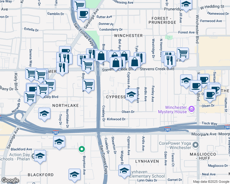 map of restaurants, bars, coffee shops, grocery stores, and more near in San Jose